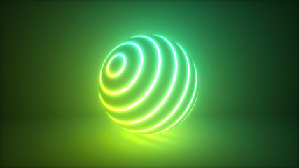 Abstract colorful glowing neon light sphere, laser show, blank space, disco ball, esoteric energy, abstract background, 3d illustration, ultraviolet spectrum