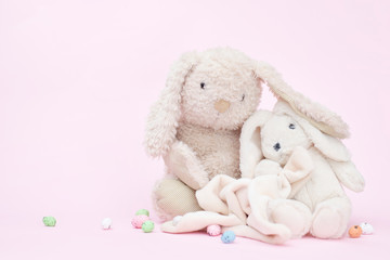 Cute rabbits on a pink background, copy space