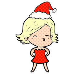 comic book style illustration of a woman wearing santa hat