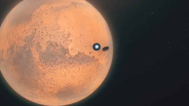 Flight of the shuttle to Mars in outer space for landing rover 3d illustration