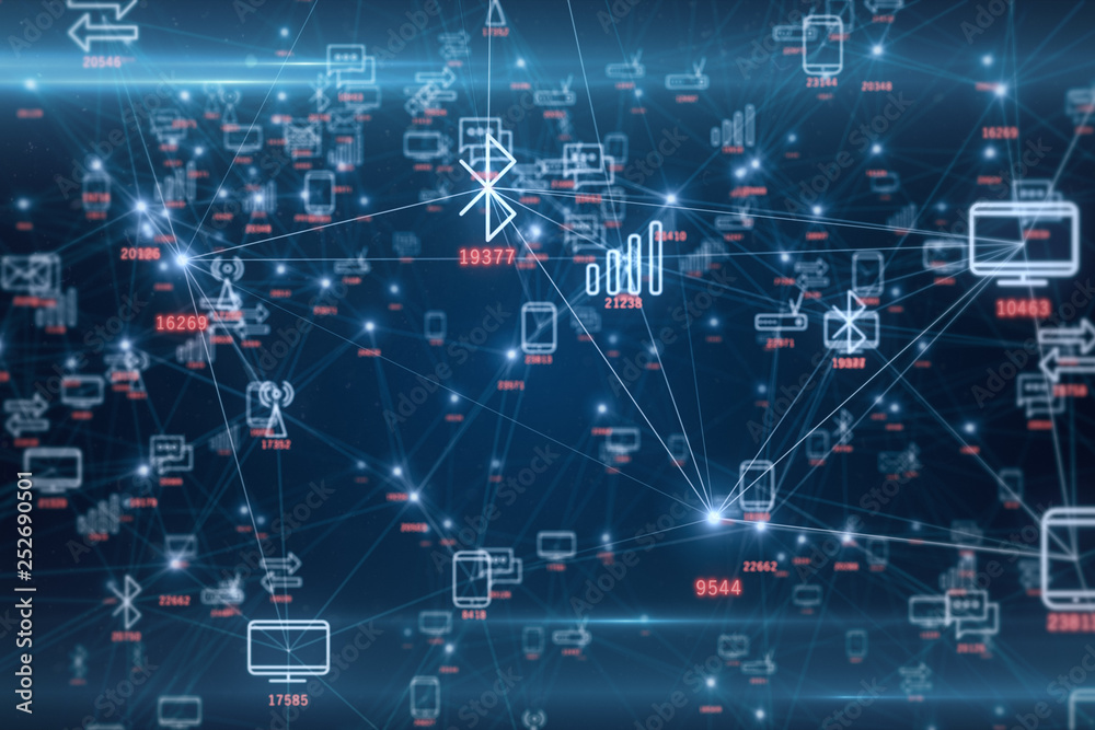 Poster abstract network of physical devices on the internet using a network connection with statistics numb