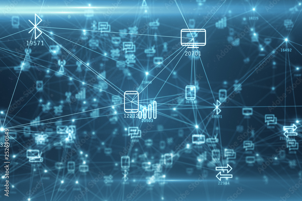 Poster abstract network of physical devices on the internet using a network connection with statistics numb