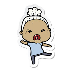 sticker of a cartoon angry old woman