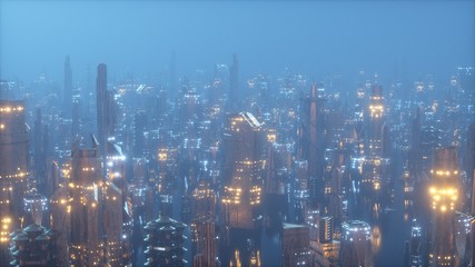 Futuristic city at night in the fog, the city of the future is covered with a grid of connections,...
