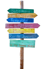 Wooden sign pointers with a space for happy place