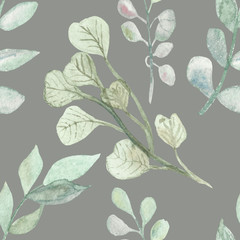 Watercolor tropical seamless pattern of leaves and branches of eucalyptus on a gray background. Summer illustration for beautiful design of posters, cards, invitations.