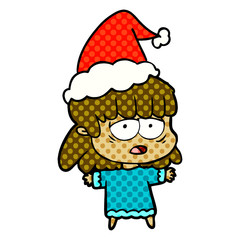 comic book style illustration of a tired woman wearing santa hat