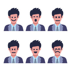 Set of six men with different facial emotions