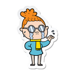sticker of a cartoon crying woman wearing spectacles