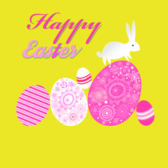 Bright unusual greeting card for Happy Easter with eggs and a rabbit