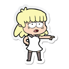 sticker of a cartoon tired woman pointing