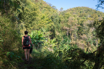 Woman walking on a trekking trail into the tropical forest