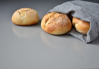 Handmade reusable linen bag for bread storage, eco friendly, zero waste concept, copy space.