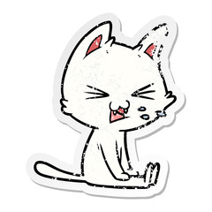 distressed sticker of a cartoon sitting cat hissing