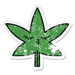 distressed sticker of a cute cartoon marijuana leaf