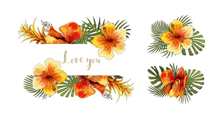 Wedding invitation card tropical floral orchid bouquet and lettering