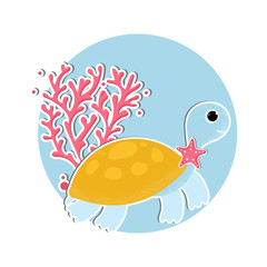 Vector Illustration. Cartoon turtle with sea star icon in modern flat style. Ocean animal character with coral. Isolated turtle in blue circle with starfish