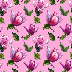 Watercolor seamless pattern of pink Magnolia flowers.
