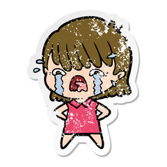 distressed sticker of a cartoon girl crying