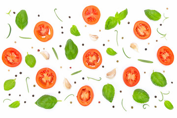 Flat lay view of ingredients for cooking italian pasta or pizza on a white background as a full frame texture.