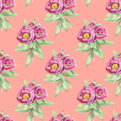 Bouquet of peonies. Watercolor flower seamless pattern on pink coral background.