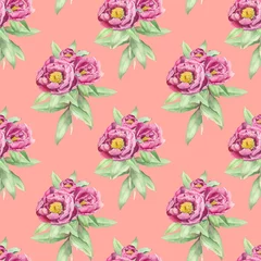 Poster Bouquet of peonies. Watercolor flower seamless pattern on pink coral background. © HappyLarusArt