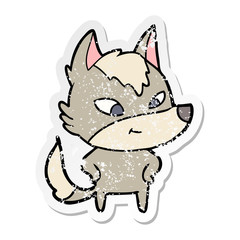 distressed sticker of a friendly cartoon wolf