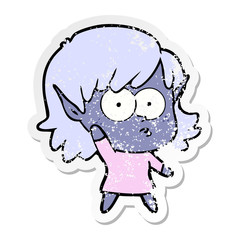 distressed sticker of a cartoon elf girl waving