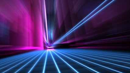 Abstract speed blurred 80s blue and pink neon style city street at night 4k wallpaper
