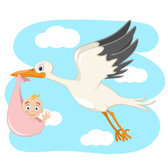 Stork is carried by a newborn baby against the sky.