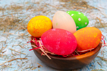 Painted easter eggs greeting card of traditional christian holiday.