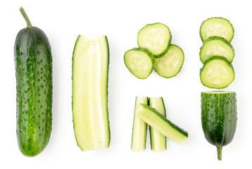 Set of fresh cucumbers sliced in different pieces on a white. The form of the top.