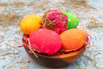Painted easter eggs greeting card of traditional christian holiday.