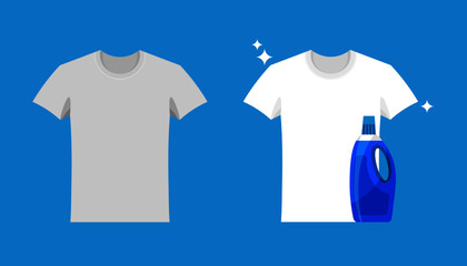 Advertising of washing powder and detergent. Clothes before and after wash. Flat blank and dirty gray t-shirt. Mock up of white shirts isolated on blue background. 
