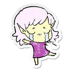 distressed sticker of a cartoon crying elf girl