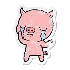distressed sticker of a cartoon pig crying