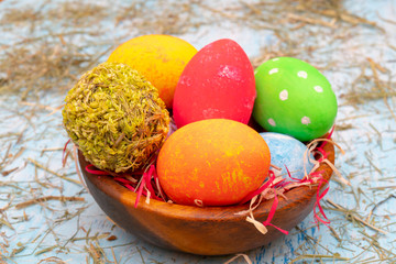 Painted easter eggs greeting card of traditional christian holiday.