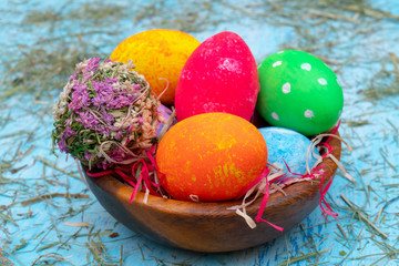 Painted easter eggs greeting card of traditional christian holiday.
