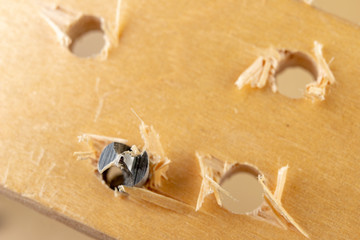 Drilling a hole in wood. Wood drill and plywood in a carpentry workshop.