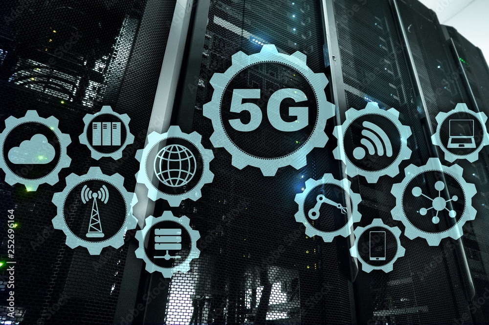 Wall mural 5g network, 5g internet connection concept in digital background. smart communication network concep