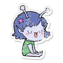 distressed sticker of a happy alien girl cartoon laughing