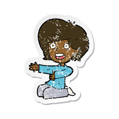 retro distressed sticker of a cartoon shocked woman on knees