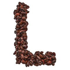 Alphabet letter L from roasted coffee beans, 3D rendering