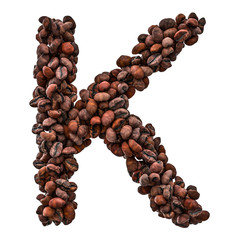 Alphabet letter K from roasted coffee beans, 3D rendering