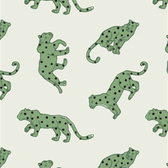 Green leopards on white background - vintage animal figures print - seamless vector pattern