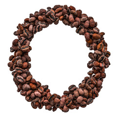 Alphabet letter O from roasted coffee beans, 3D rendering