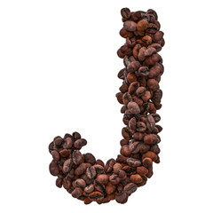 Alphabet letter J from roasted coffee beans, 3D rendering