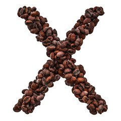 Alphabet letter X from roasted coffee beans, 3D rendering