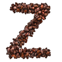 Alphabet letter Z from roasted coffee beans, 3D rendering