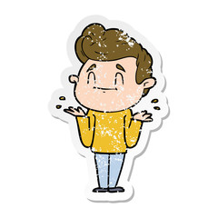 distressed sticker of a happy cartoon man shrugging